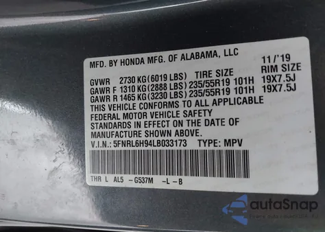 2020 Honda Odyssey Elite из США, поврежденный, VIN 5FNRL6H94LB033173